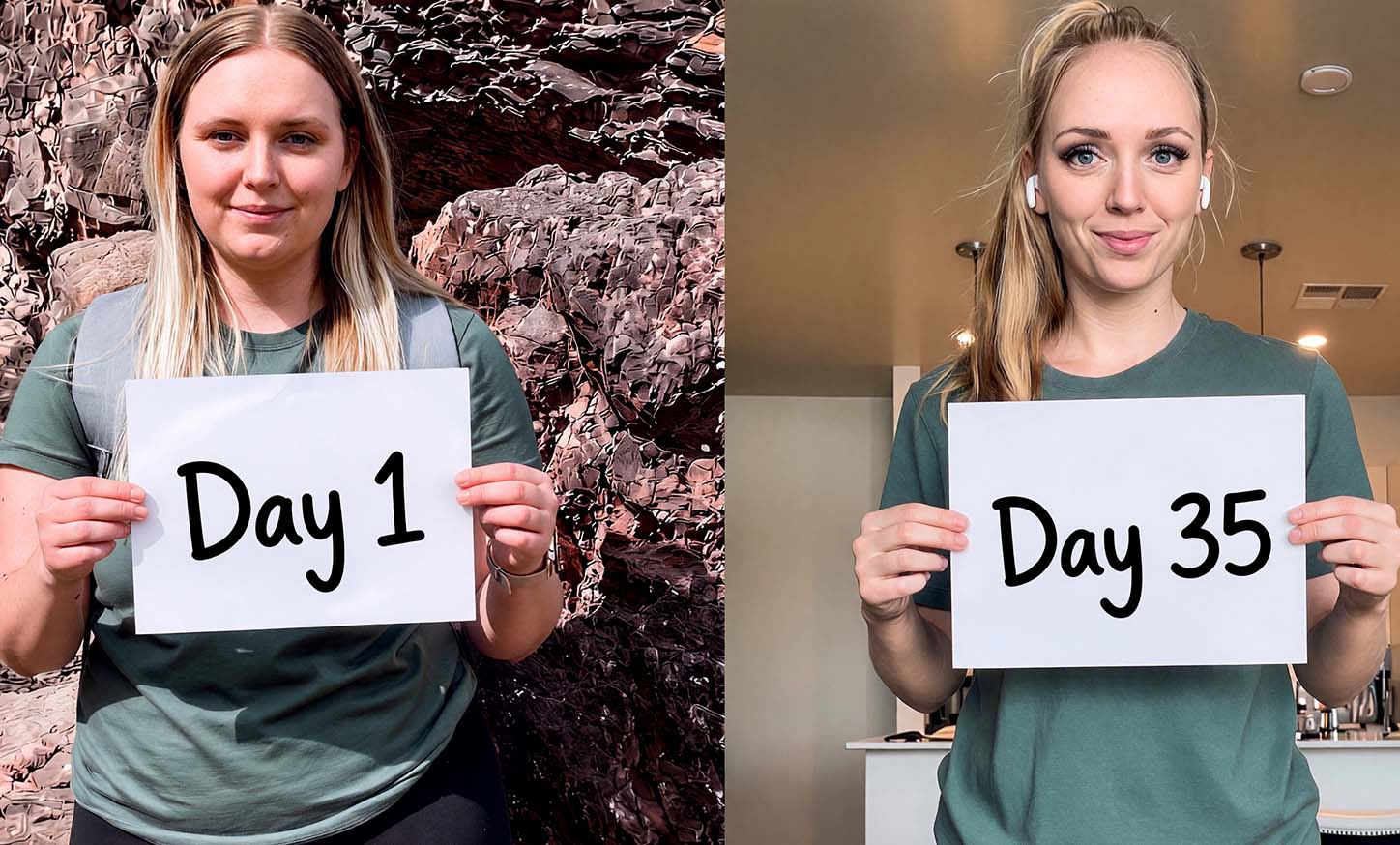 Customer holding Day 1 and Day 35 progress signs