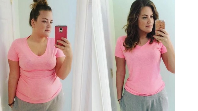 Customer before and after mirror photos in a pink t-shirt