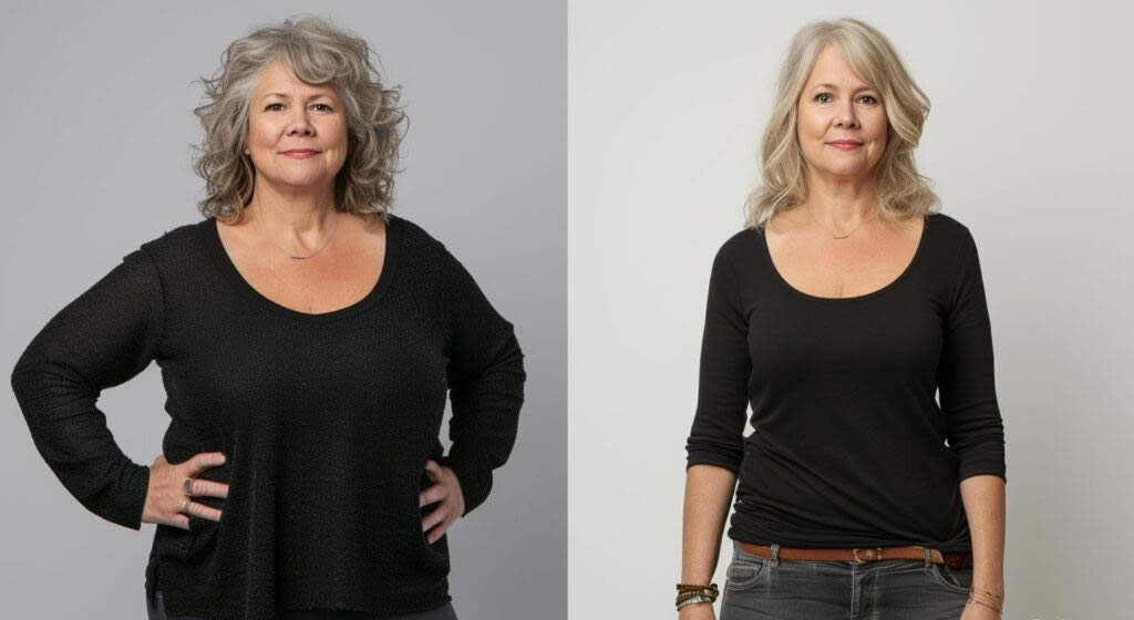 Customer before and after photos in a black top
