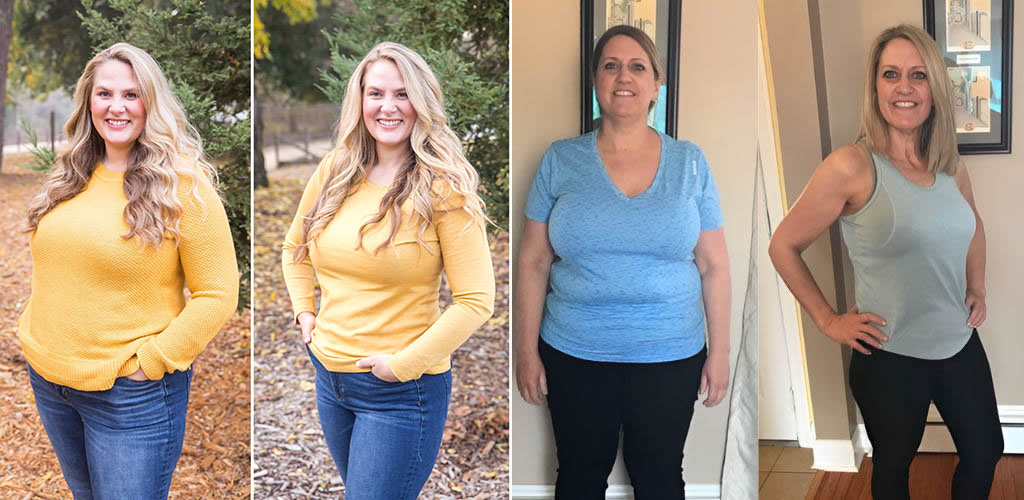 Customer before and after photos in casual outfits
