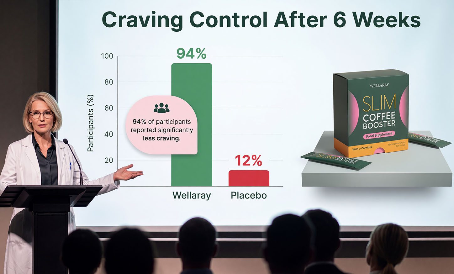 Presentation slide showing 94% of Wellaray participants reported significantly less craving after 6 weeks, versus 12% on placebo