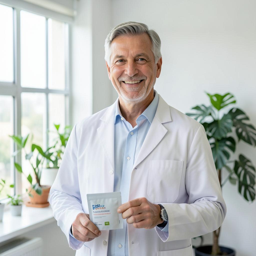 A nutritionist in a white coat holding a sachet and smiling