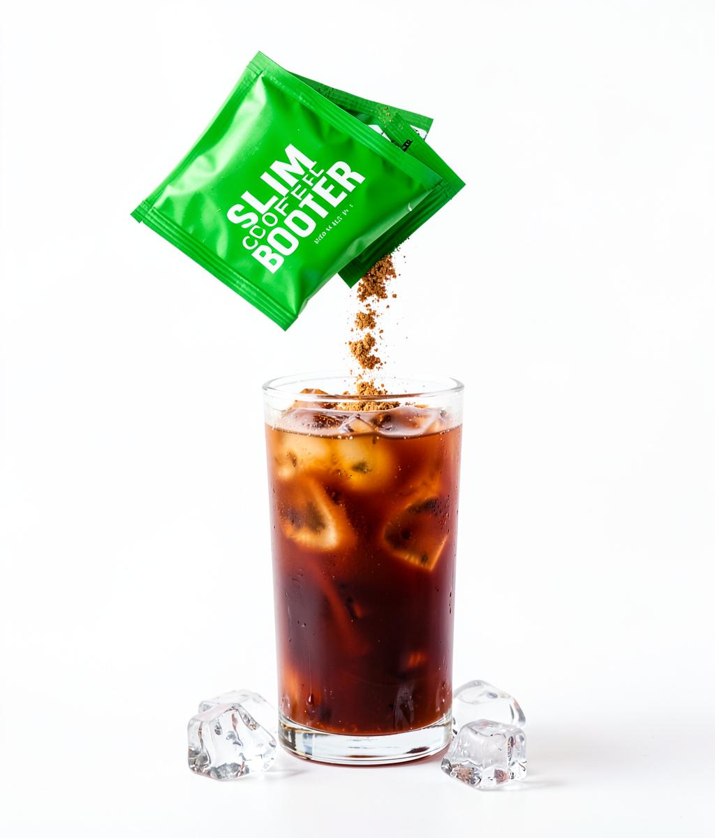 A Slim Coffee Booster sachet being poured into a tall glass of iced coffee